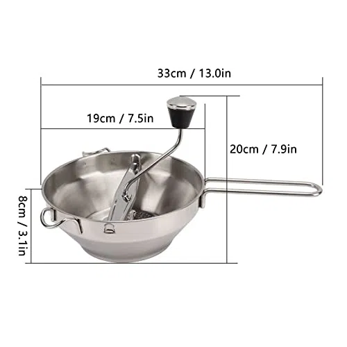 Dispositivo de Paso Molinillo de Alimentos de 20 Cm con 3 Discos Perforados Intercambiables Molinillo de Paso de Acero Inoxidable para Salsa de Tomate, puré de Manzana, Purés,