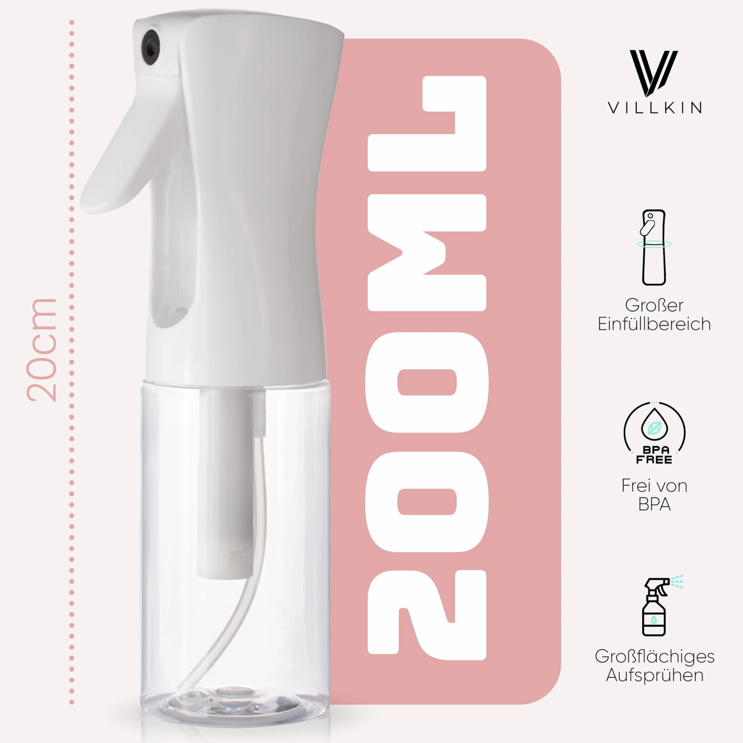 Villkin Botella de spray – Juego de 2 – Pulverizador extrafino con recipiente de 200 ml, ideal para planchado o para peluqueros (2 juegos, blanco/transparente)