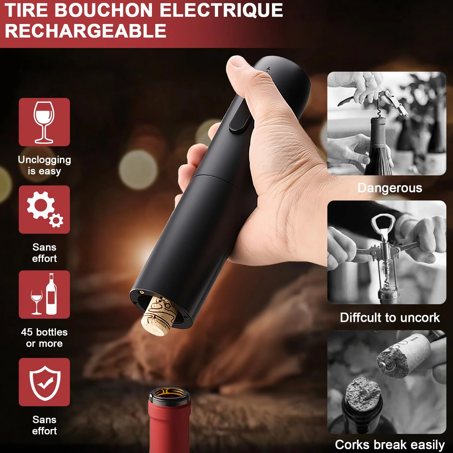 UCAMP Sacacorchos Eléctrico Recargable,Abridor de Vino Eléctrico 6 en 1 Juego de Regalo,Abrebotellas Eléctrico con Base,Cortacápsulas,Vertedor y Tapón de Vacío,Cable USB,Regalo de para Los Amantes