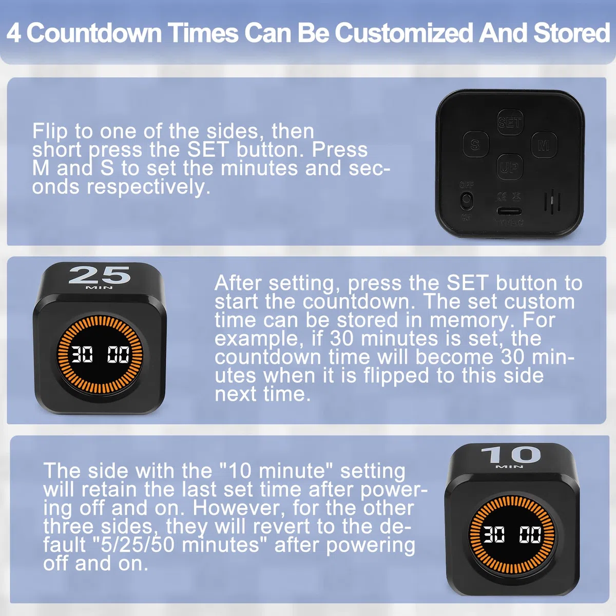 Cuteefun Cubo Temporizador Visual, Pomodoro Timer Rotativo, 5/10/30/60 Minutos y Cuenta Atrás Personalizada, Modo Silencio y Timbre, Alerta Sonora Ajustable para Cocina, Estudio, Reunión, Negro