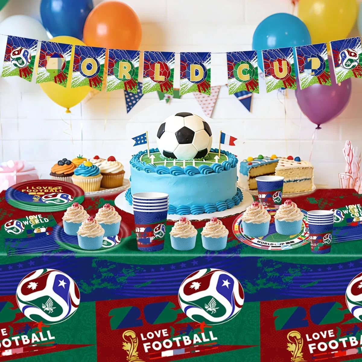 52pcs WM 2026 Juego de Vajilla para Fiesta de Fútbol, Fútbol Party Tableware Set para Cumpleaños Incluye Platos Vasos Servilletas Mantel y Pancarta, para Cumpleaños de Fútbol 10 Invitados