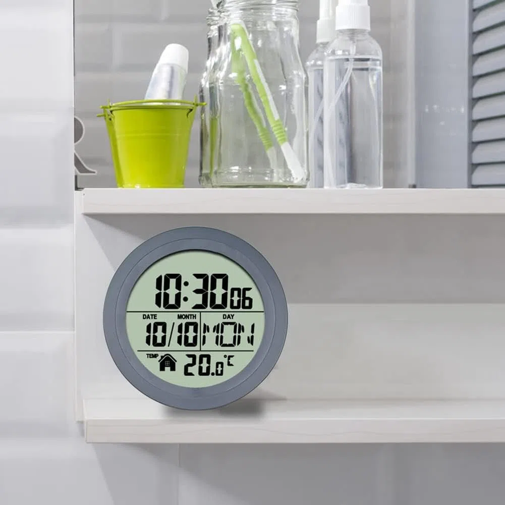 1 reloj con ventosa para el hogar, resistente al agua, para baño, cocina, pantalla digital LCD, detector de temperatura, color gris