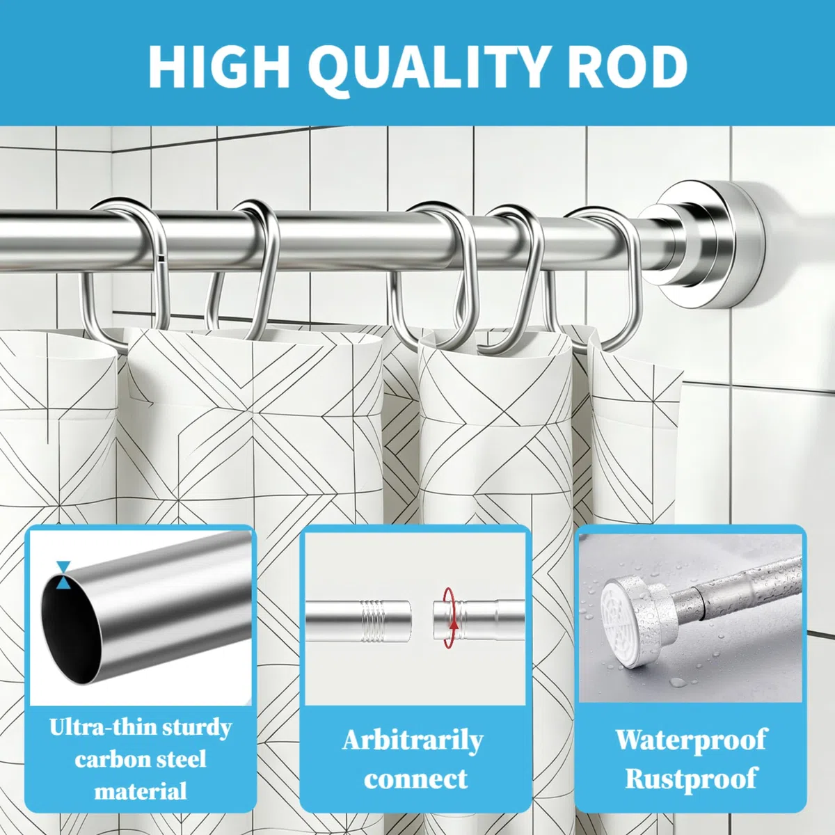Barra Cortina Ducha Sin Taladrar, 65-206cm Barra Cortinas Extensible de Acero Inoxidable Antióxido y Antideslizante, Barras Ducha Extensible para Ventanas Baño Armario Cocina, Plateado