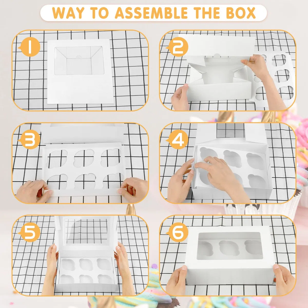 20 Piezas Caja de Papel Kraft con Ventana, Caja para Cupcakes 6 Unidades Cajas para Tartas Caja de Papel Kraft Blanco para Pastelería, Galletas, Magdalenas, Postres (24x16.5x7.5cm)