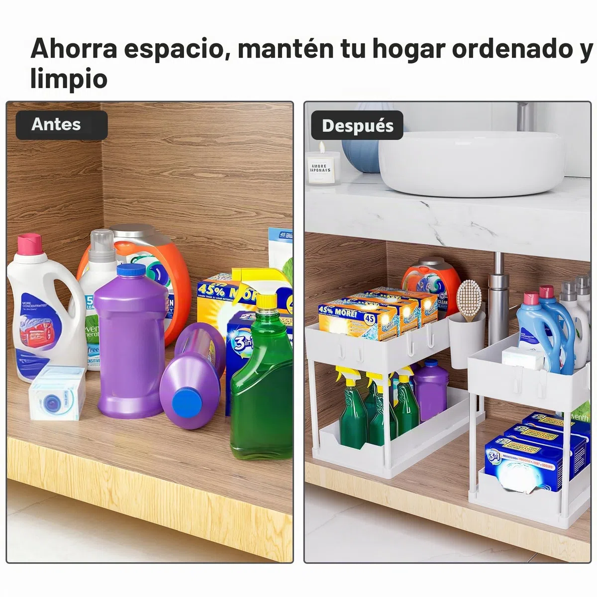 Puricon Estantería Bajo Fregadero, Estante Organizador Mueble Bajo Fregadero Cocina Lavabo -Blanco