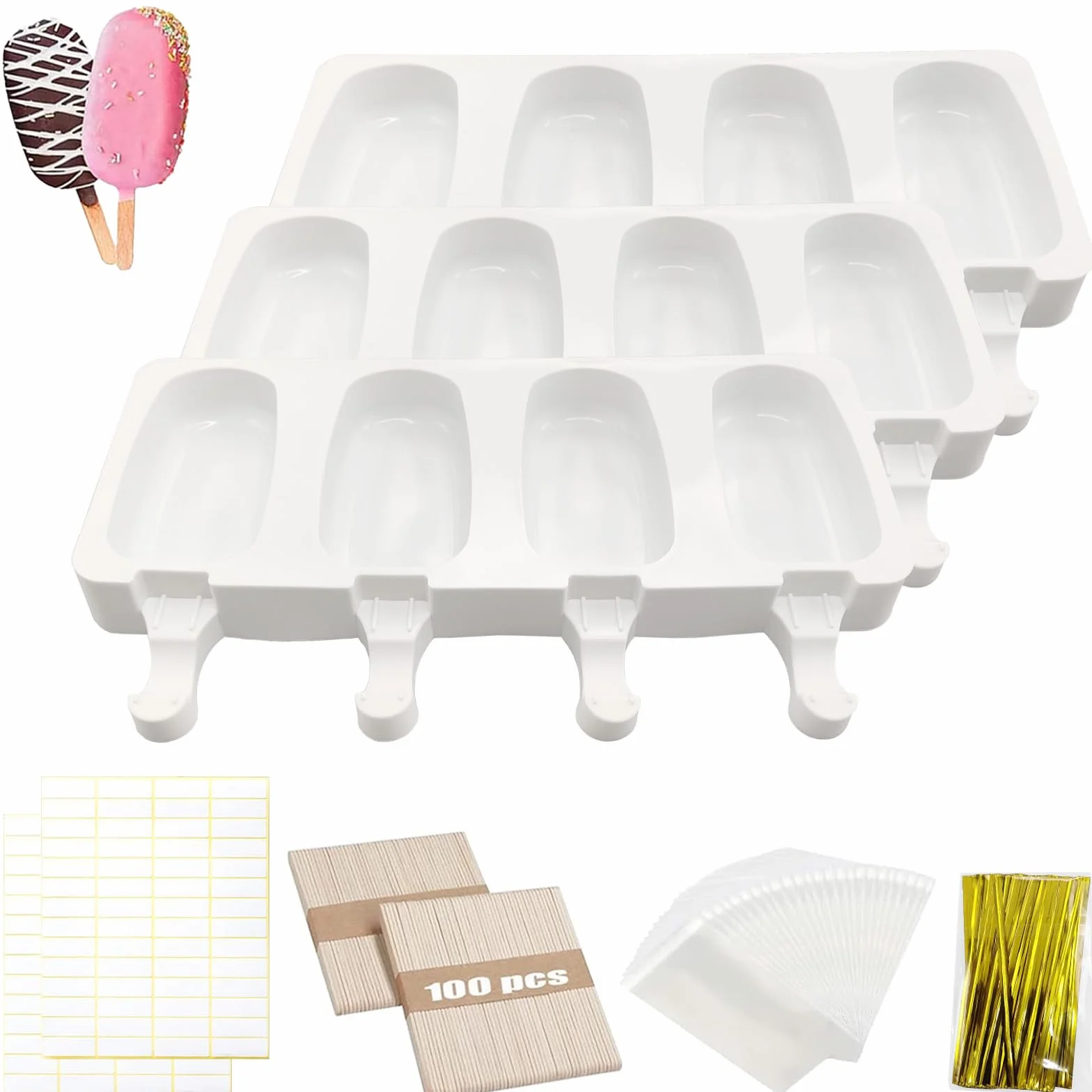 Moldes de Helado, 3 Pack Molde de Helado de Silicona con 100 Palos Madera, 100 bolsas de embalaje, 100 ligamentos, 100 etiqueta,sin BPA, Para postres helados o chocolates caseros (C)