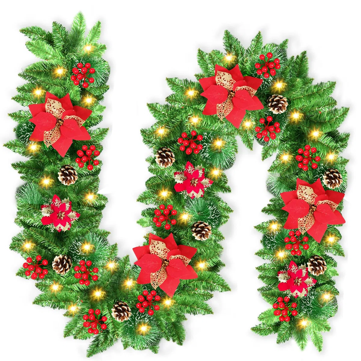 Guirnalda Navidad con Luces, 2.7m Guirnalda Navideña con 215 Puntas y Flores, Frutos Rojos, Piñas, Temporizador y Impermeable, Decoracion Navidad para Escaleras, Chimenea, Puerta, Interior/Exterior