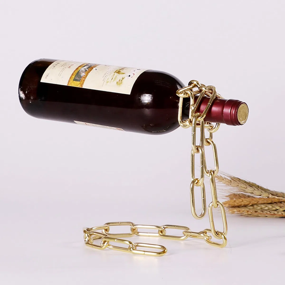 Soporte Botella Cadena, Portabotellas Mágico, Soporte Vino Cadena Colgante, Cadena Flotante Botellas Vino, Cadena Botellas Mágicas, para Mesa de Comedor, Cocina, Bar,Bodega (Dorado)