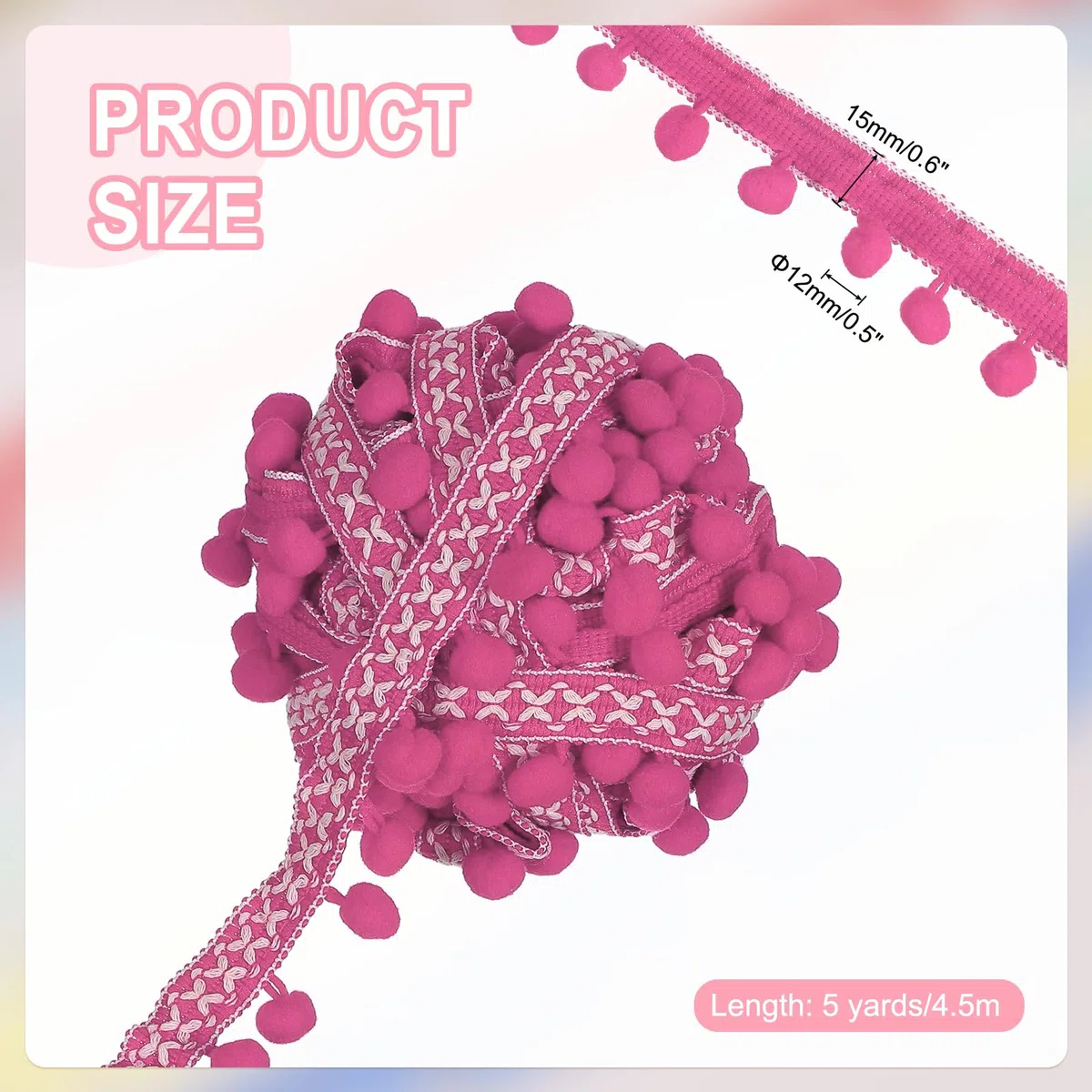 QUARKZMAN 5 Yardas De Fleco De Pompones, Cinta De Guirnalda De 12mm Para Coser Borlas Encaje Para Ropa Cortinas Almohadas Decoración Hogar, Rojo Rosa