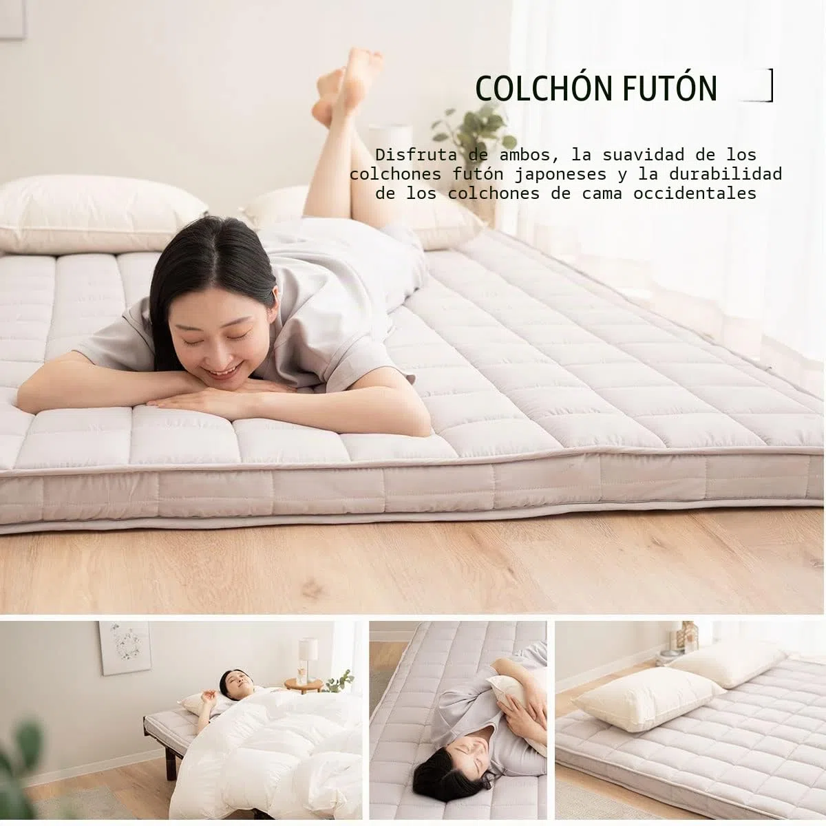 EMOOR Futón Japonés Plegable (Japanese Folding Futon Mattress) Acolchado Machi 140 x 202 cm Gris, Plegable con Correas Elásticas para Dormir en el Suelo Cama de Invitados Tatami