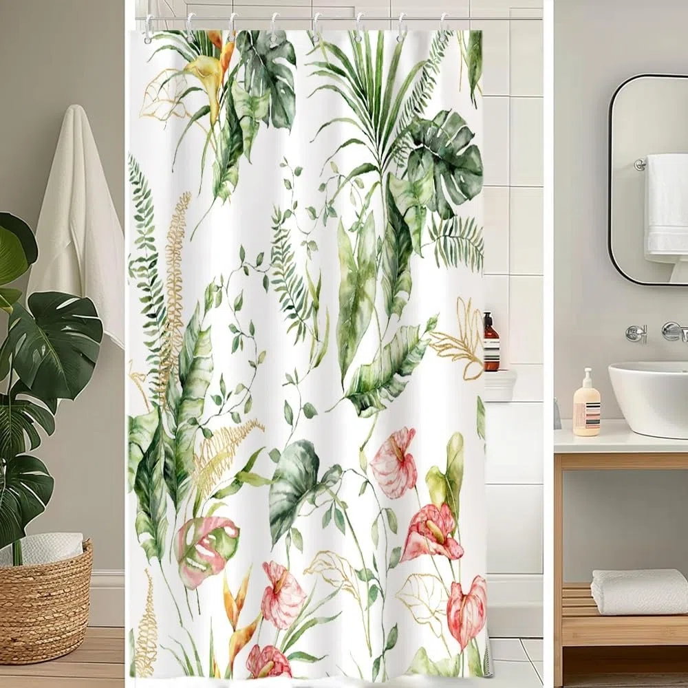 Cortina de ducha antimoho, cortina de ducha, 120 x 180 cm, Tropical verde, hojas de palmera, selva, flores, rosa, cortinas de baño, lavable, impermeables, con 8 ganchos