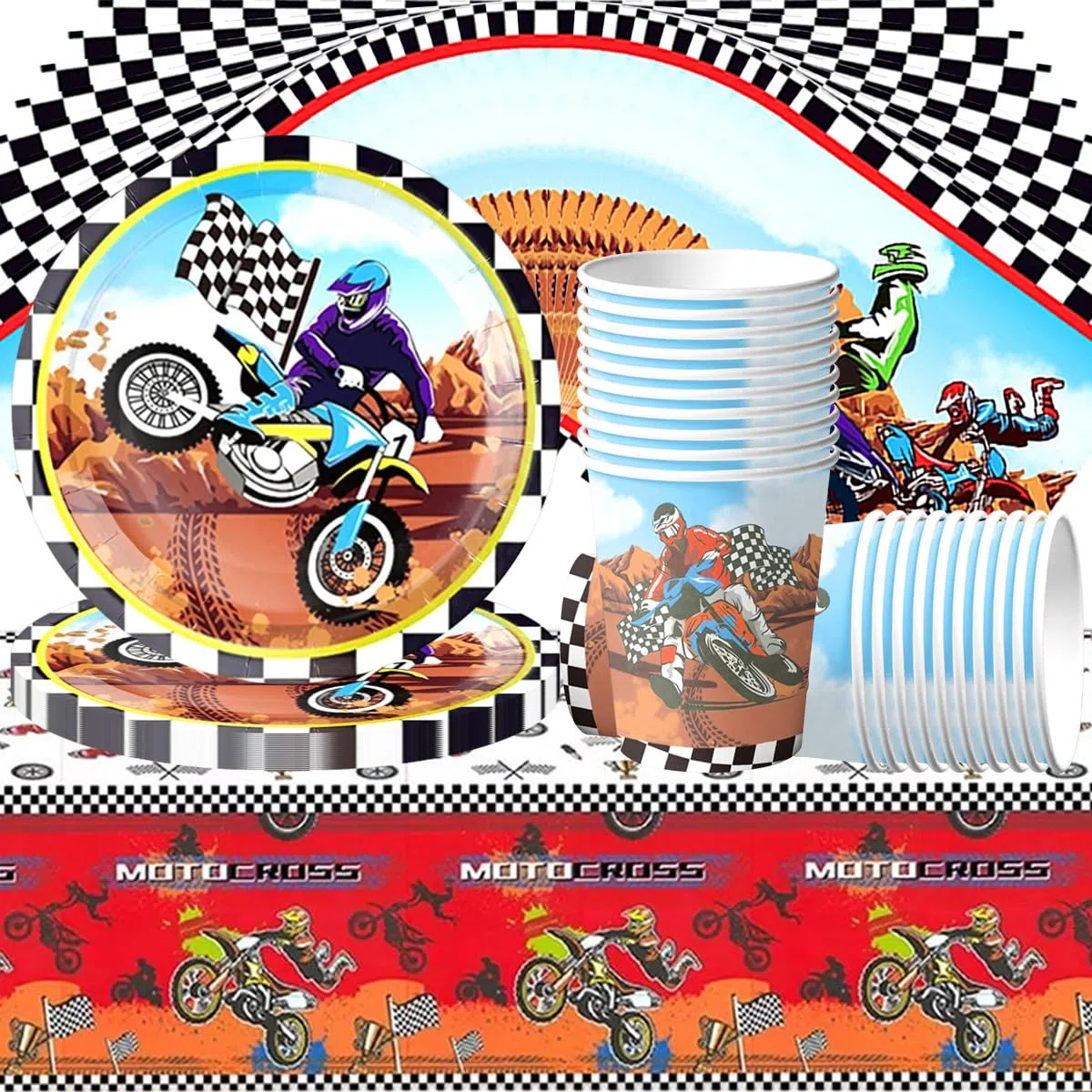Juego de vajilla de fiesta de motocross de 61 piezas, accesorios de fiesta de carreras, decoración de cumpleaños para niños, incluyendo vasos de papel, servilletas y mantel. Adecuado para 20 invitados