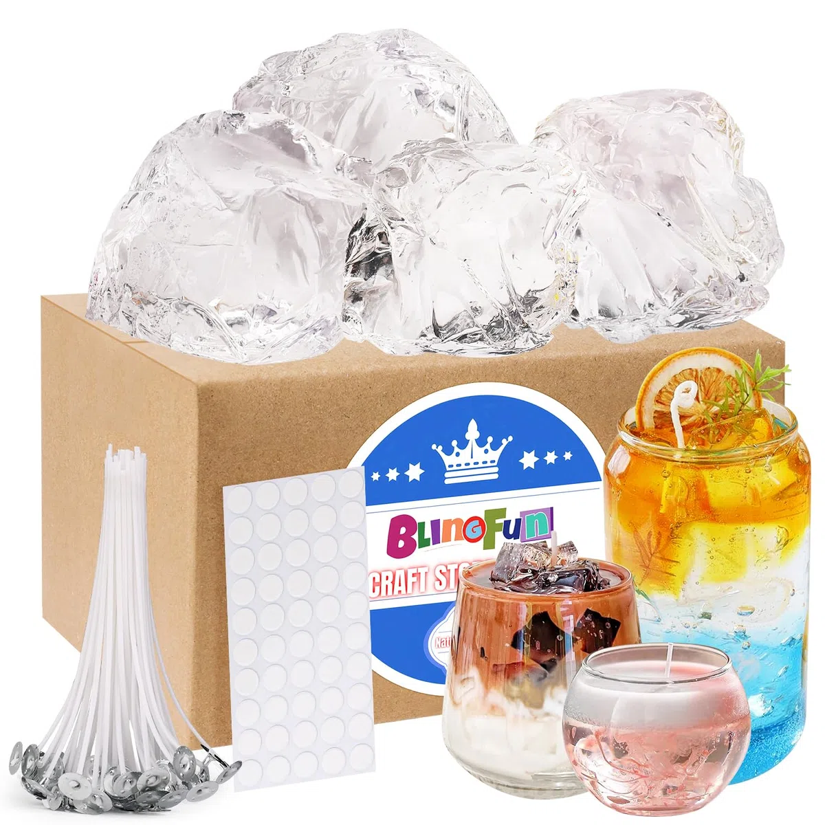 Blingfun Kit Completo para Hacer Velas de Gel - 4 Pastillas de Cera de Gel，50 Mechas，50 Pegatinas - Suministros para Velas Aromáticas Artesanales - Incluye Cera Jelly Transparente para Decoración