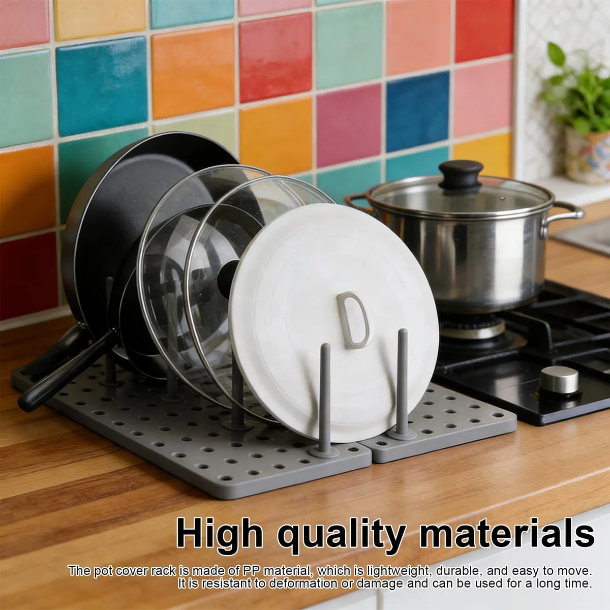 PARFCO 2 Piezas Organizador Sartenes y Ollas Cajón, Organizador Tapas Ollas Ajustable 40–54 cm con 24 Pilar, Soporte Tapas Ollas Gris para Platos y Sartenes