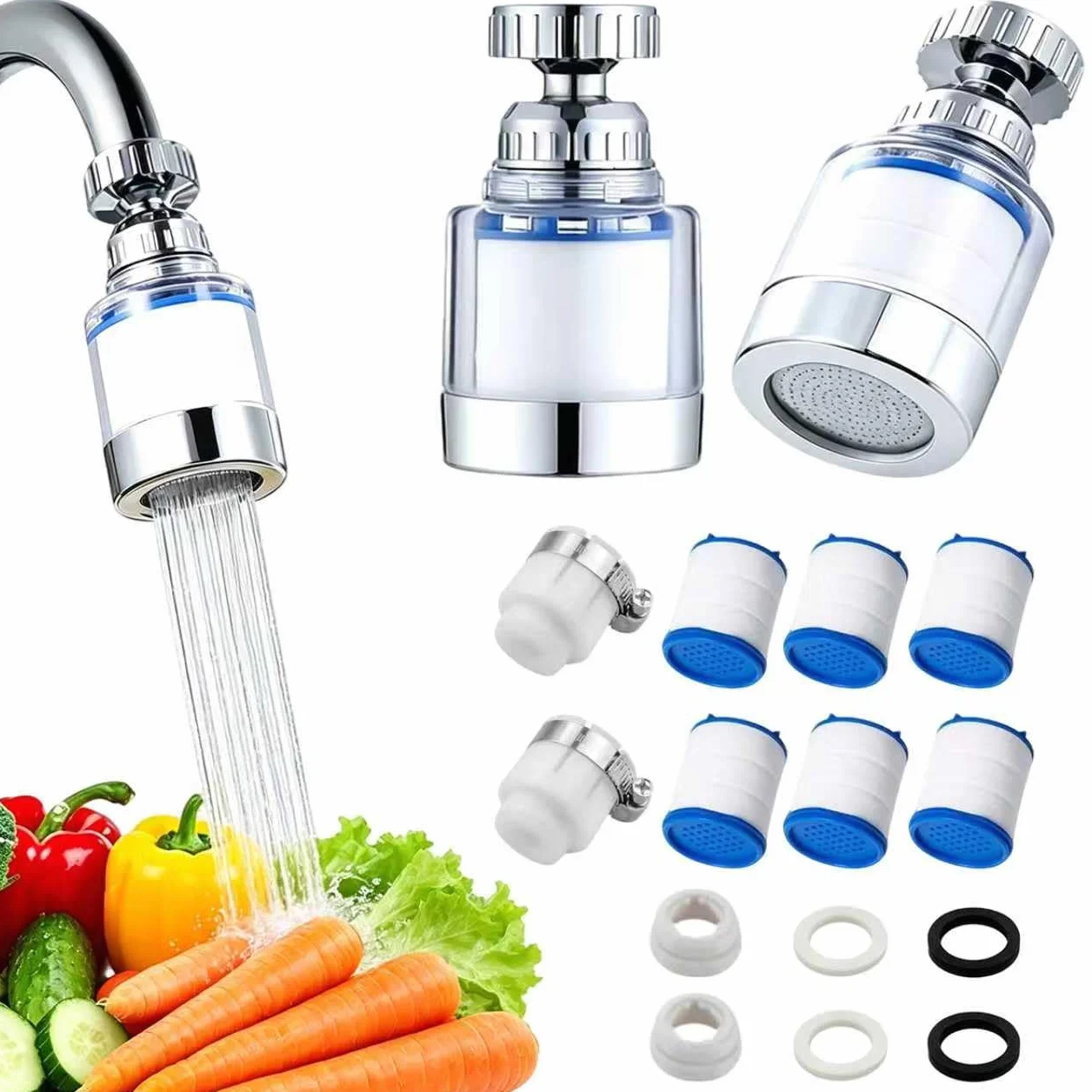 Filtro de Agua para Grifo Giratorio 360° Anti Calcárea - 2 Piezas Con 6 Cartuchos de Recambio y 2 Adaptadores Universales para Cocina, Fregadero y Baño