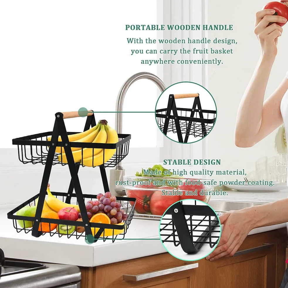 Cesta de Frutas de 2 Niveles, Fruteros de Cocina 2 Pisos, Cesta de Cocina para Frutas y Verduras, Negro Frutero 2 Pisos para Cocinar, Verduras, Aperitivos y Pan
