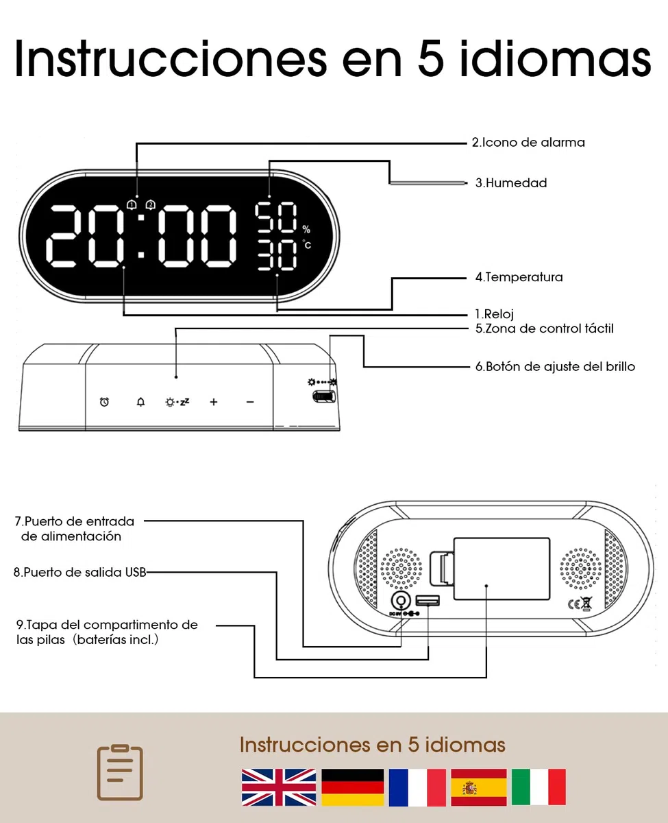 Reloj Despertador Digital, Reloj con Gran Pantalla LED Táctil, 2 Alarmas 12/24H, Función Snooze/Brillo Ajustable, Seguimiento de Humedad y Temperatura para Mañana y Noche, Pilas o Puerto USB
