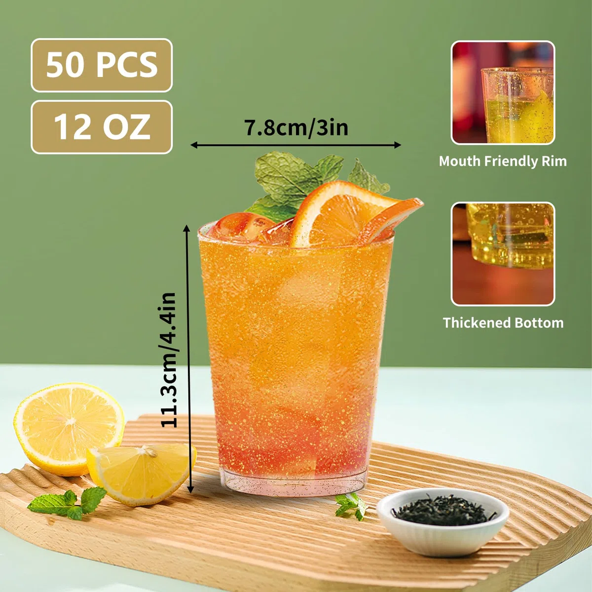 50 vasos de plástico duro con purpurina dorada, 360 ml, vasos de plástico reutilizables transparentes para fiestas, bodas, cumpleaños