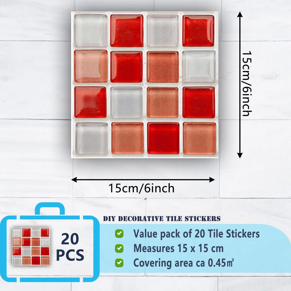 20 Piezas Adhesivos para Azulejos de Baño y Cocina, Mosaico PVC Impermeable para Suelos y Paredes, DIY Decoración del Hogar (15x15cm, Rojo)