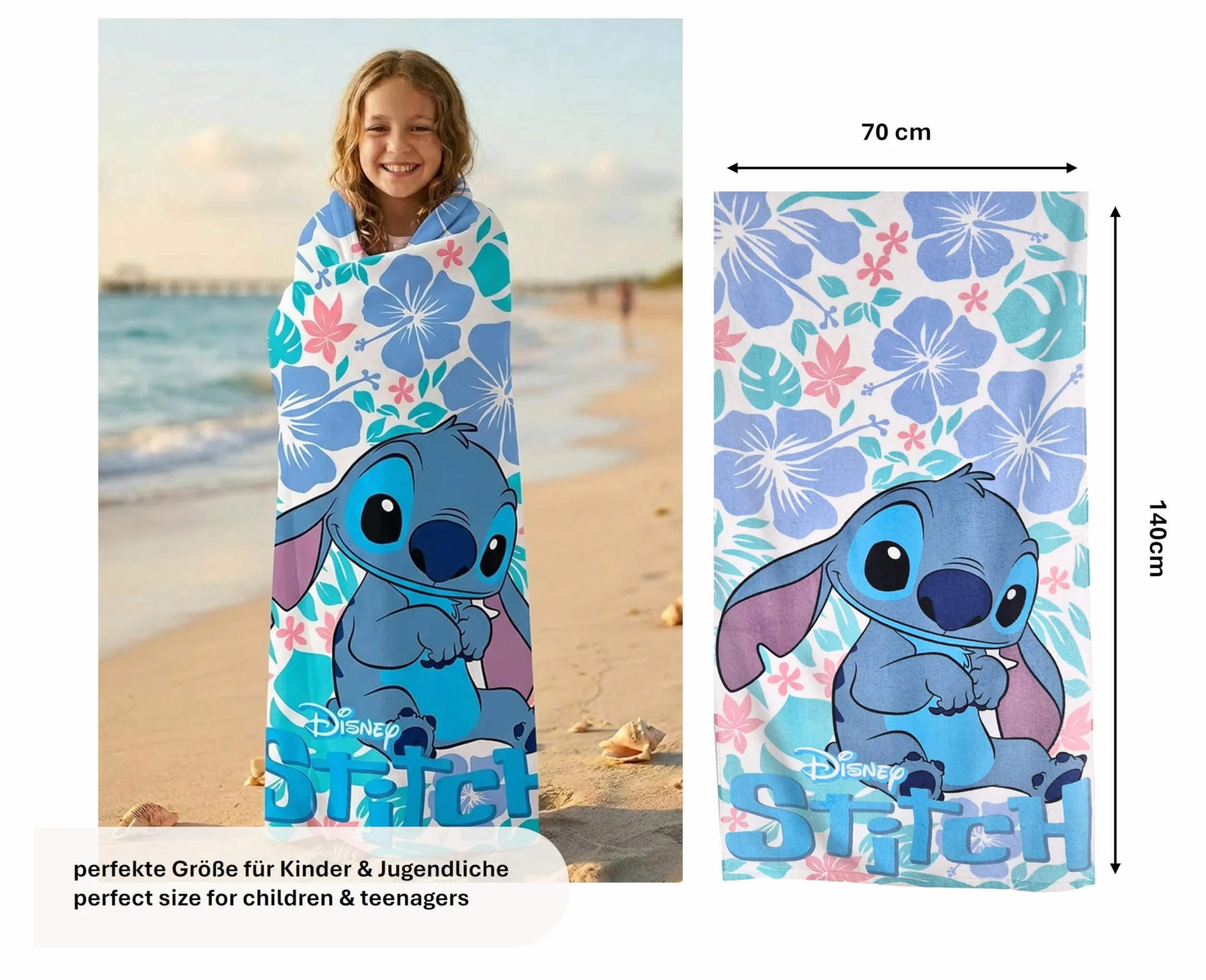 Theonoi Disney Lilo y Stitch - Toalla de baño infantil (70 x 140 cm, 100% algodón, certificado Öko Tex)