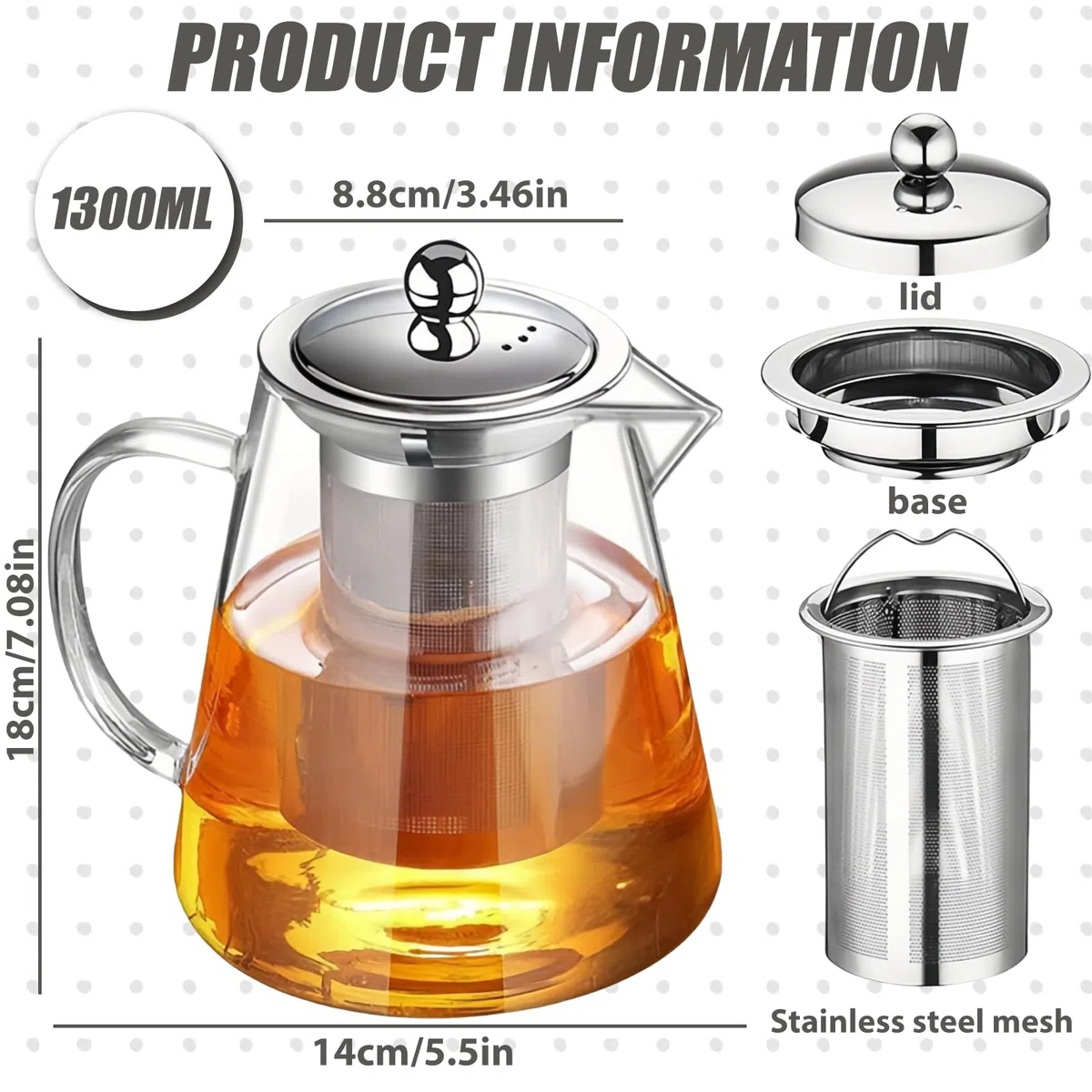 Tetera de 1300 ml: juego de té de vidrio de borosilicato con colador extraíble y tapa de acero inoxidable, resistente y resistente al calor para camping, viajes, té de hierbas y té de frutas