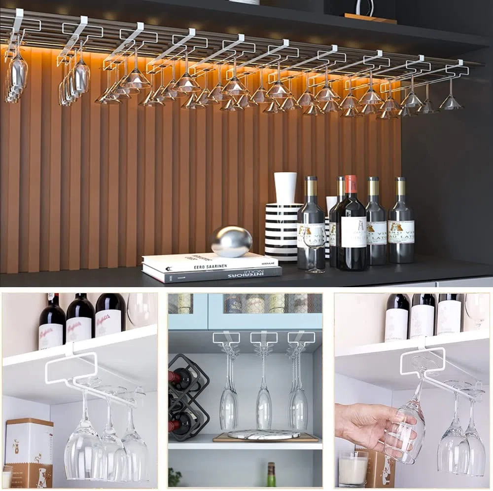 4 Piezas Soporte para Copas de Vino Colgante, Colgador Copas Sin Taladrar de Metal Estante para Colgar Copas para Cocina Bar Restaurante (Blanco)