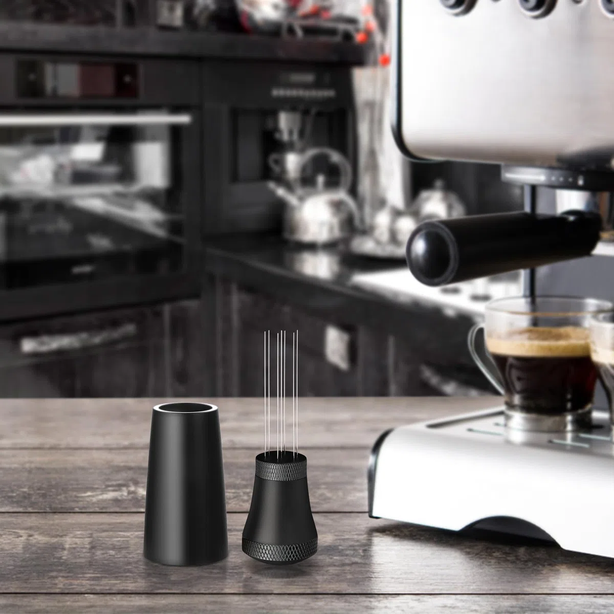 Wdt Tool, Herramienta Wdt de aluminio para espresso con 7 agujas de espresso de 0,3 mm, 10 agujas de repuesto, Herramienta Wdt de aluminio para espresso con soporte, Espumador de café espresso