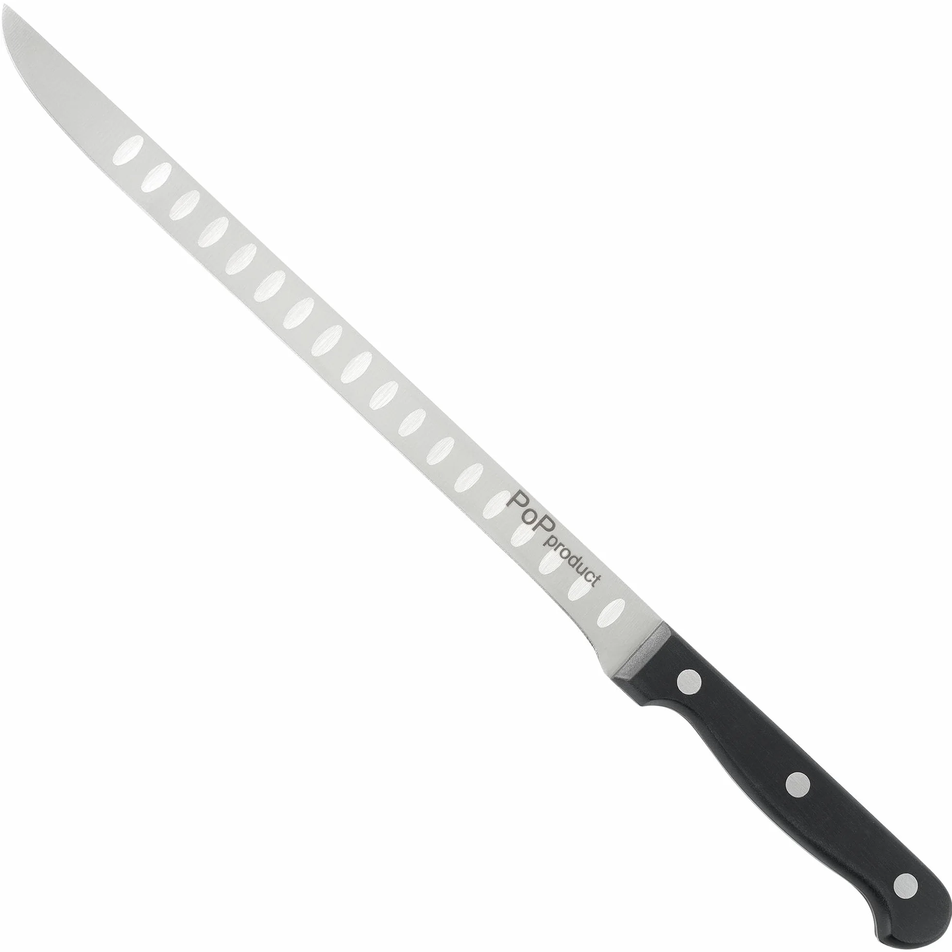 Cuchillo Jamonero Forja de Acero Alemán, alveolado en las dos caras. Hoja de 255 mm de acero inoxidable. Mango ergonómico de Polioximetileno-POM de 120 mm.
