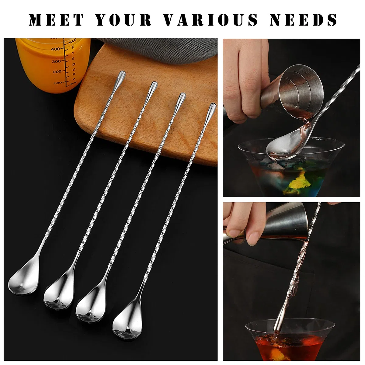 Cuchara de cóctel de acero inoxidable Cuchara de bar de mango largo Cucharas para mezclar con diseño en espiral, agitadores de cóctel profesionales, 30 cm (plata)