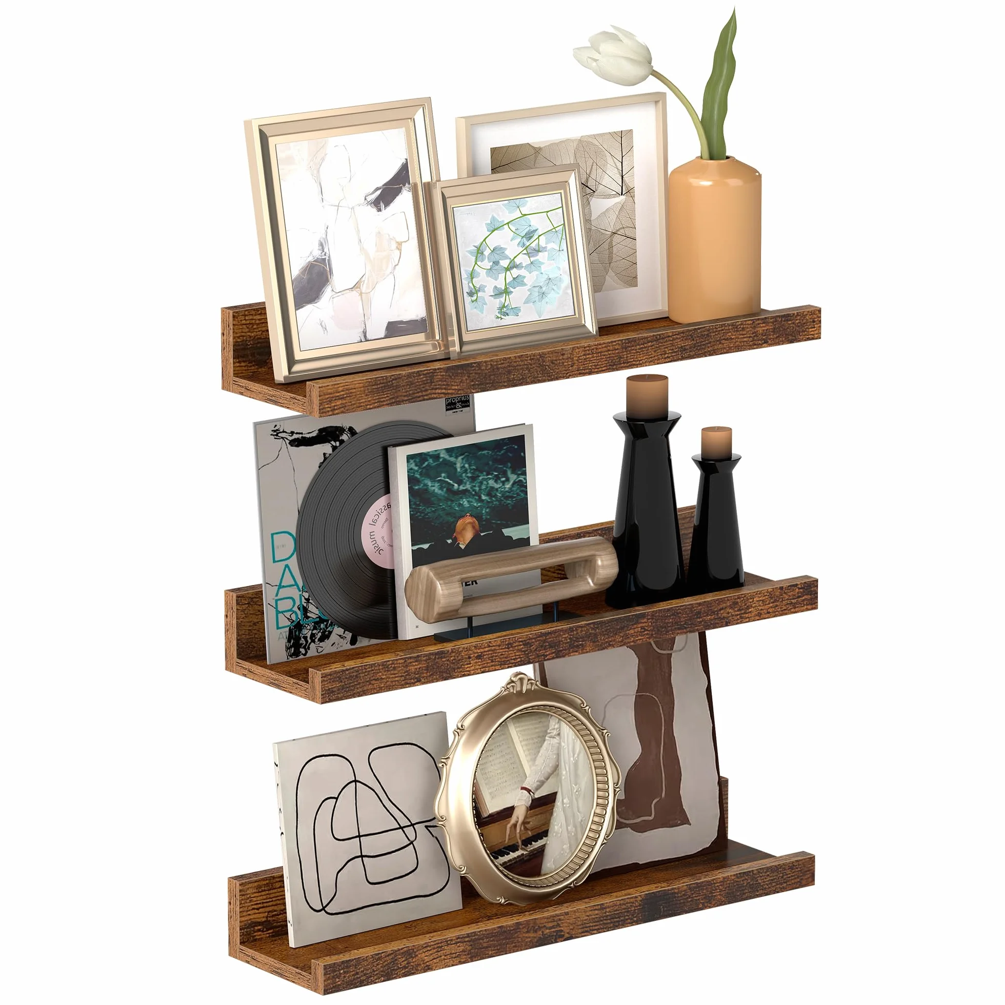 VASAGLE Custos Colección - Juego de 3 Estantes Murales, Estanterías de Pared de Madera para Marcos de Fotos y Libros, Estilo Moderno, para Baño, Cocina y Sala de Estar, Marrón Rústico LWS037X01
