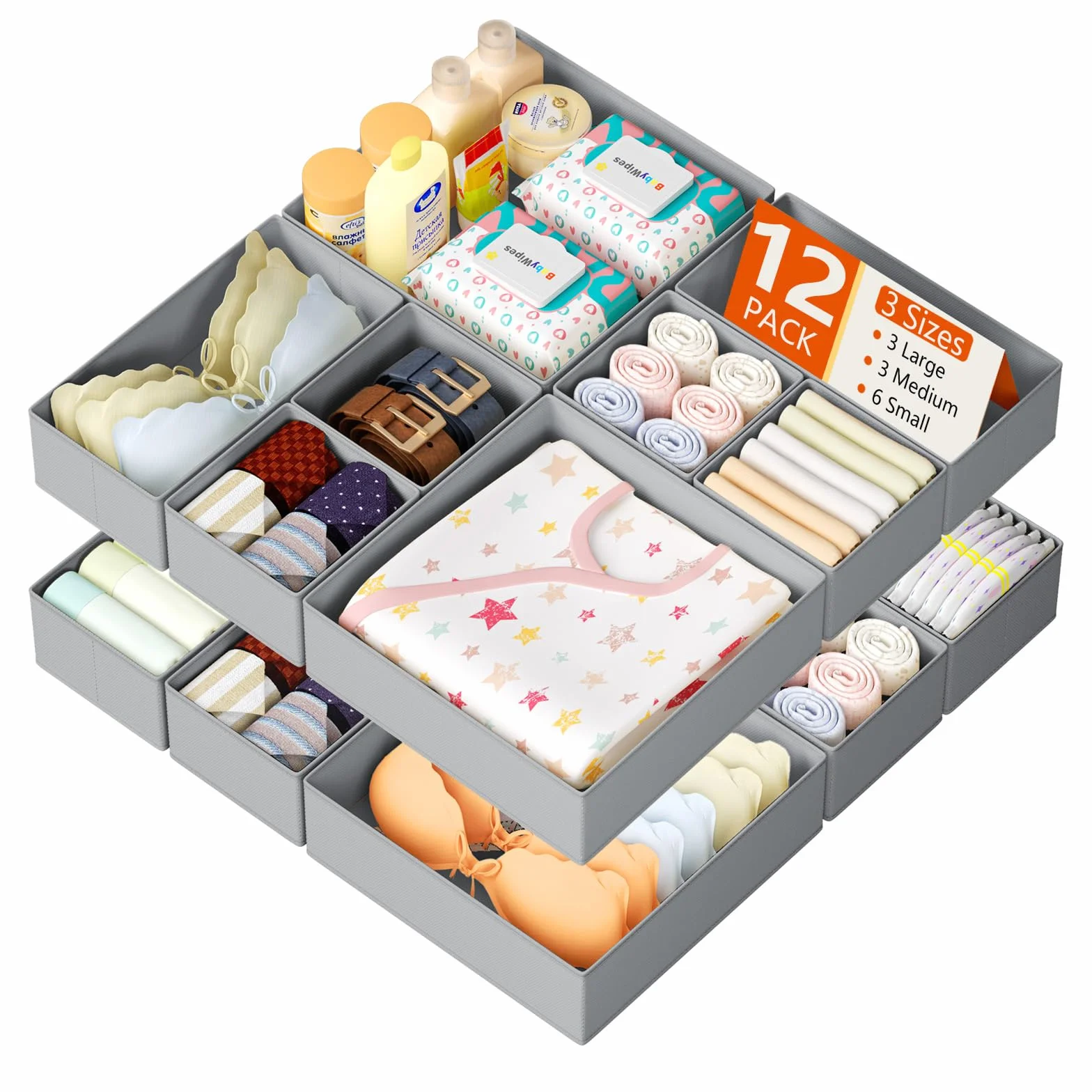 Organizador de Cajones Ropa Interior - Juego de 12 Cajas de Almacenaje Plegables de Tela No Tejida, Gris Claro
