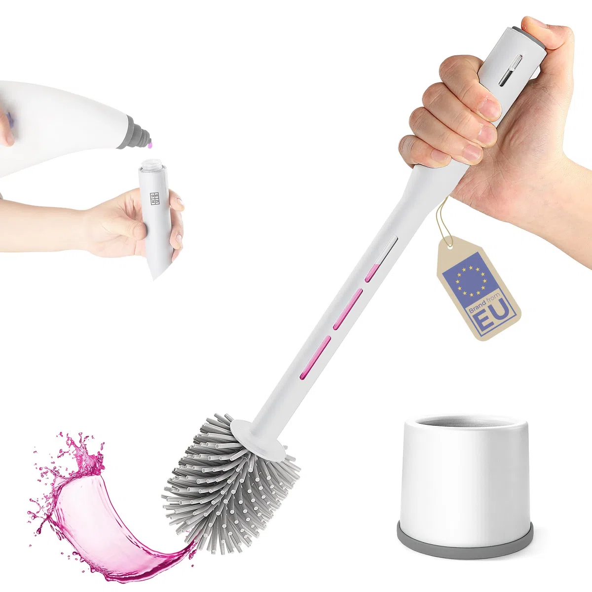 HUUS Escobilla de Baño con Dispensador de Jabon - Escobilla WC de Silicona Suave y Flexible - Escobillas de Baño con Dispensador Recargable - Escobillas de Baño Rellenable con Detergente