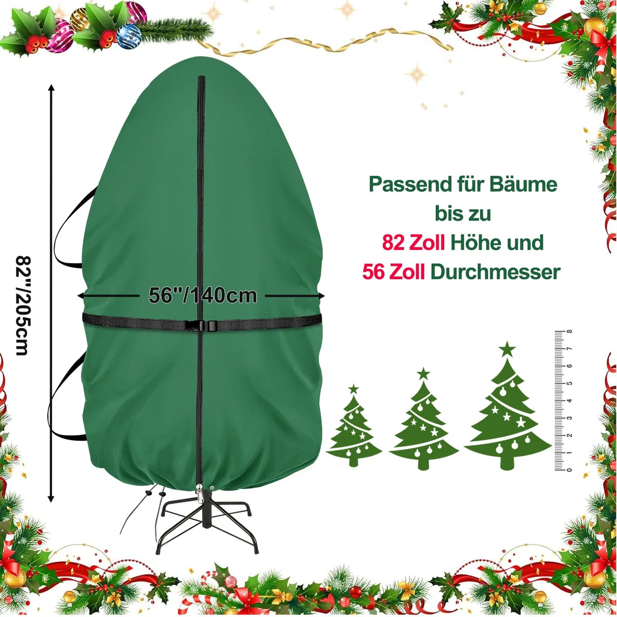 Bolsa de almacenamiento vertical para árbol de Navidad con correas de transporte ajustables, funda para árbol de Navidad con cremallera y cordón para árbol artificial de 2,30 m con joyas a prueba de