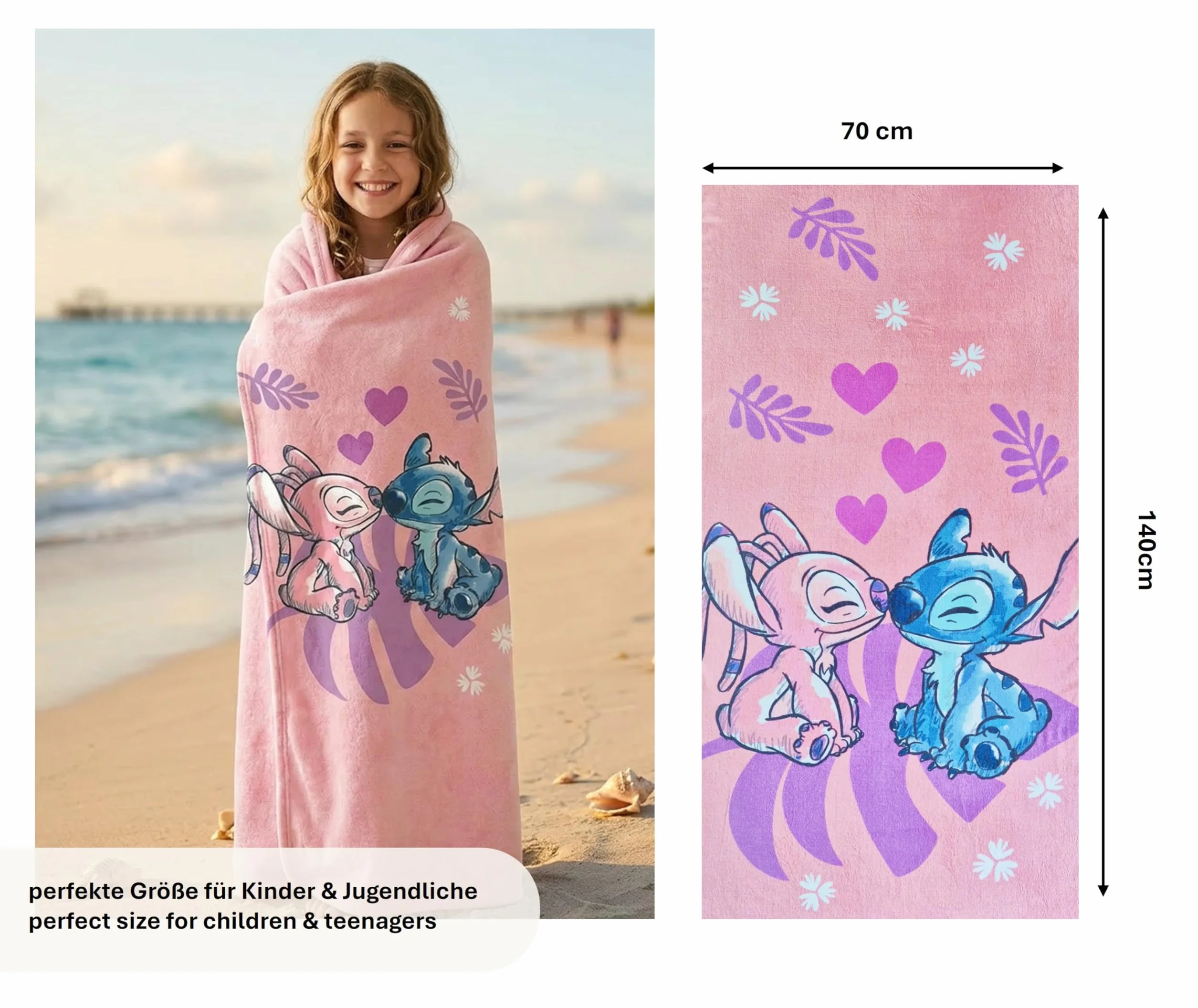 Theonoi Disney Lilo y Stitch, toalla de baño para niños, 70 x 140 cm, 100% algodón, para niñas – Standard Öko Tex