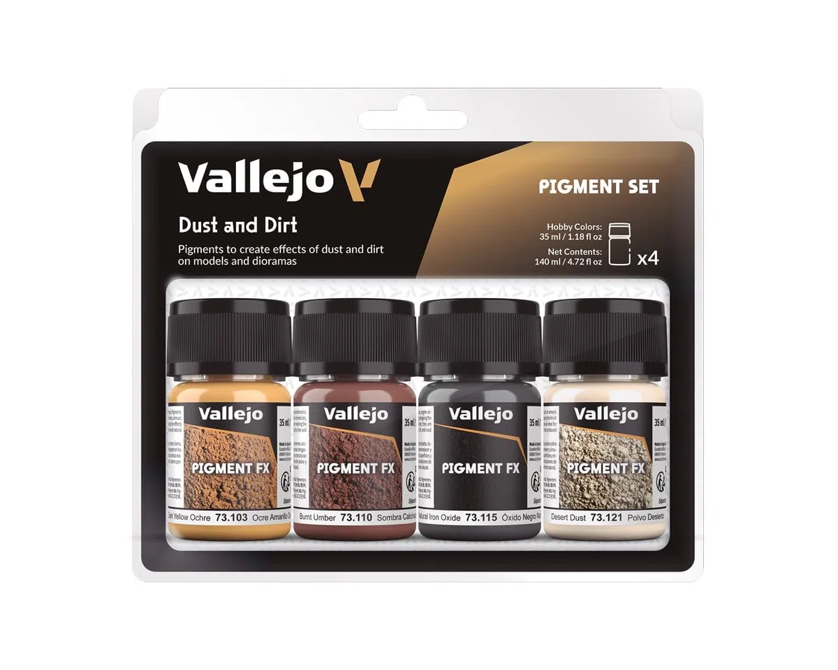 Vallejo Pigment FX Set de Pigmentos Efectos Polvo y Suciedad. Kit de 4 Pigmentos Sintéticos de 35 Ml con un Tutorial para Simular Efectos de Polvo, Suciedad y Barro en Maquetas y Dioramas