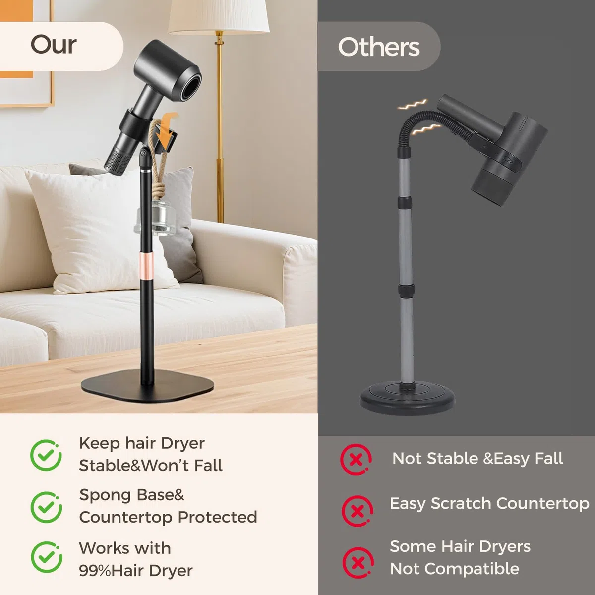 Soporte para secador de pelo, manos libres, giratorio 360 grados, altura ajustable, duradero y compatible con el 99% de los secadores.