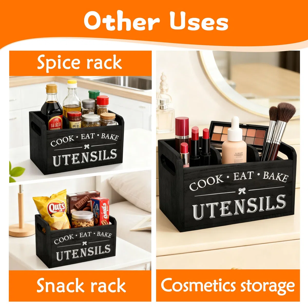 Soporte Utensilios Cocina con 3 Compartimentos & Parte Inferior Drenaje, Bote Organizador de Cocina Madera, Almacenamiento Cubiertos Granja para Decoración Encimera, Herramientas, Cucharas, Espátulas