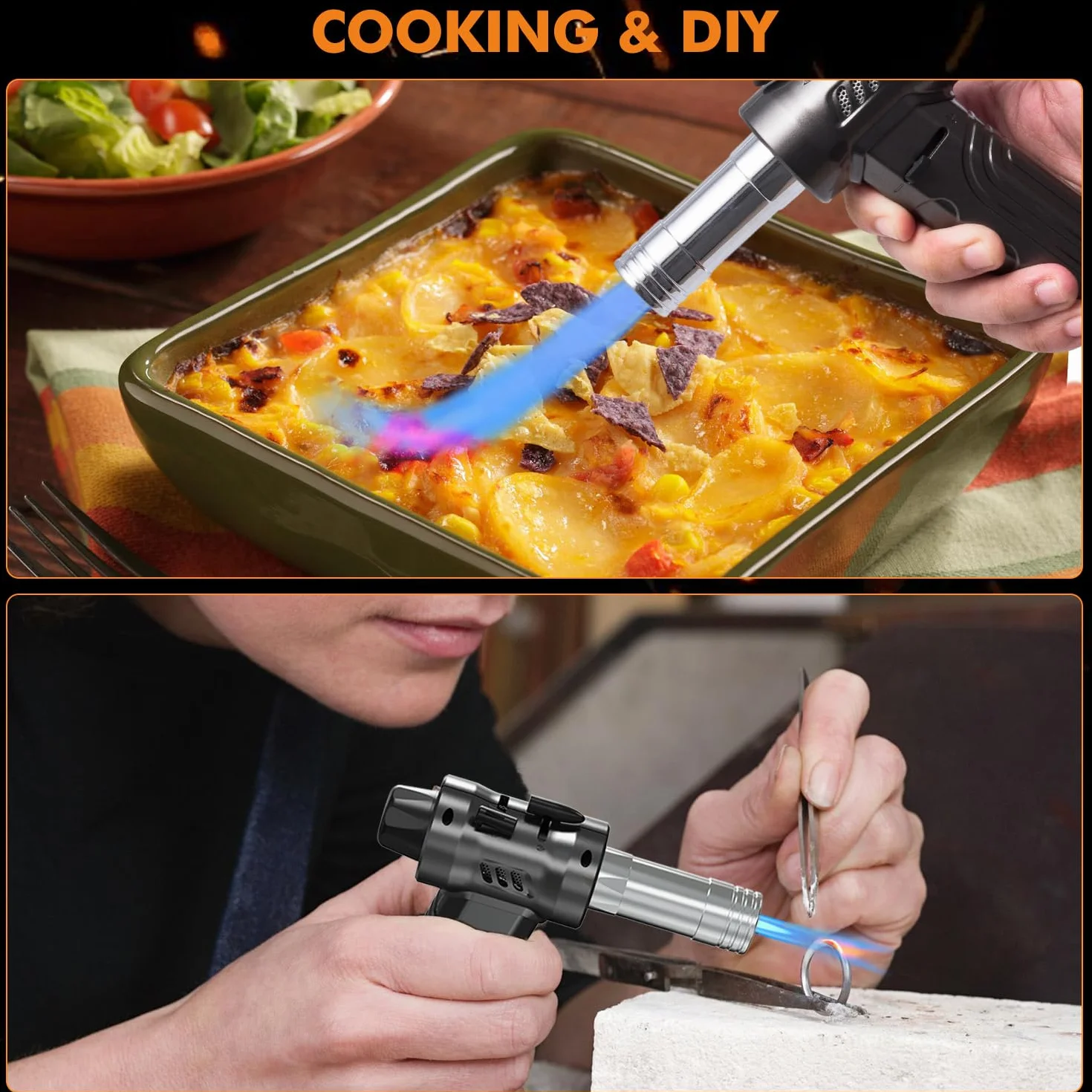 Megainvo Soplete de Cocina,Dual Llama Ajustable,Soplete Gas Butano de 18g Max Butano Recargable,Bloqueo de Seguridad,Soplete Antorcha con Indicador de Gas para Postres,BBQ y Crème Brûlée(Sin Gas)