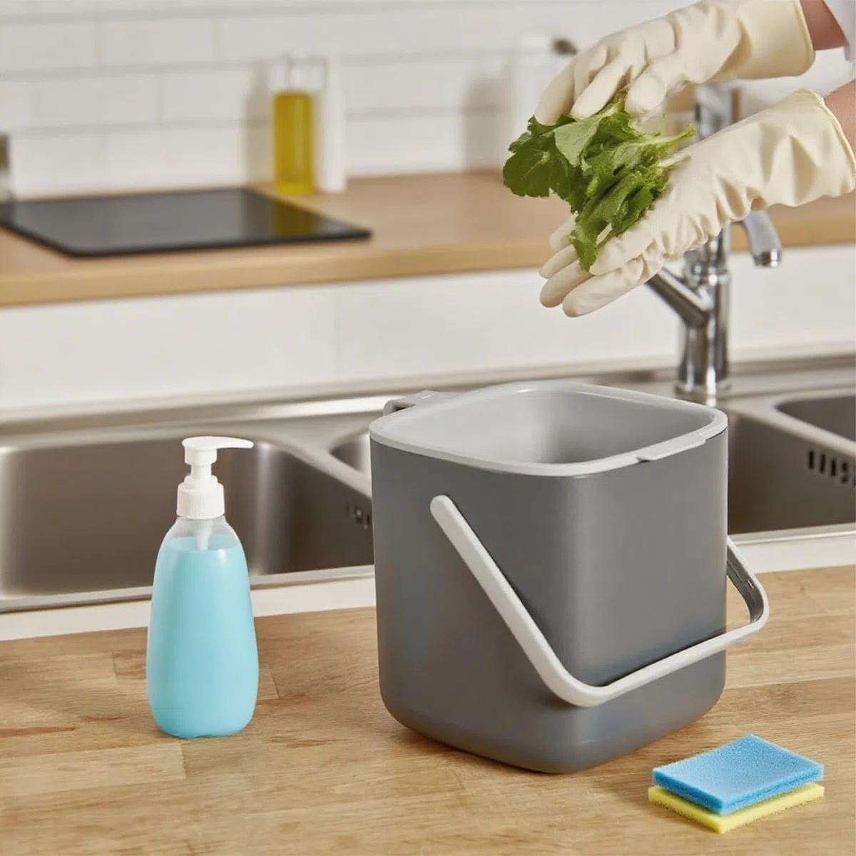 Cubo Compost Cocina 4L - Cubo Orgánico Apto Lavavajillas con Filtro Carbón Activo - Antiolor y Colador Integrado para Residuos Diarios (Gris)