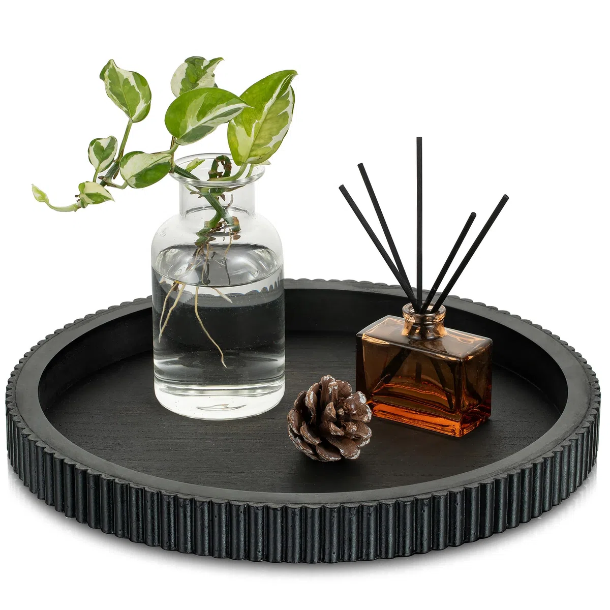 Hanobe Bandeja Decorativa para Mesa de café: bandejas Negras para Centro de Mesa para decoración del hogar, decoración Moderna de Madera Redonda de 12 Pulgadas para Sala de Estar, Comedor, Cocina