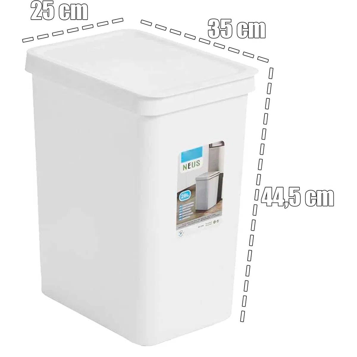 Acan Tradineur - Cubo de basura rectangular con tapa - Fabricado en Plástico - Capacidad de 28 Litros -44,5 x 35 x 25 cm - Color Blanco