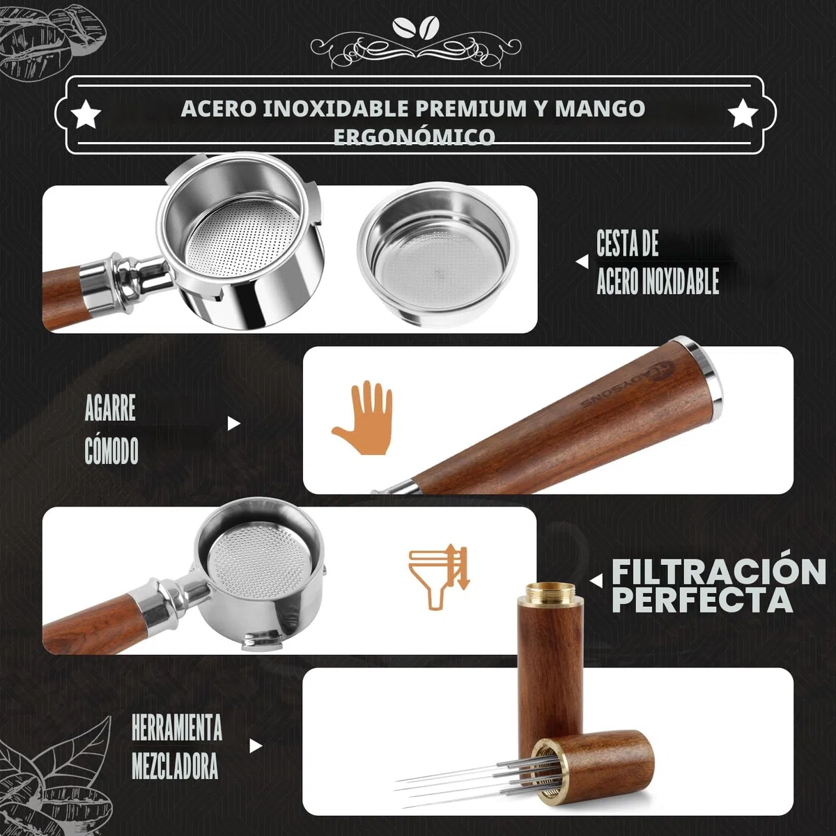 Portafiltro sin fondo de 51 mm – compatible con DeLonghi Dedica EC680/EC685, Portafiltros de 51 mm con 2 filtros de acero inoxidable y agitador de café de 5 agujas – 3 Ears
