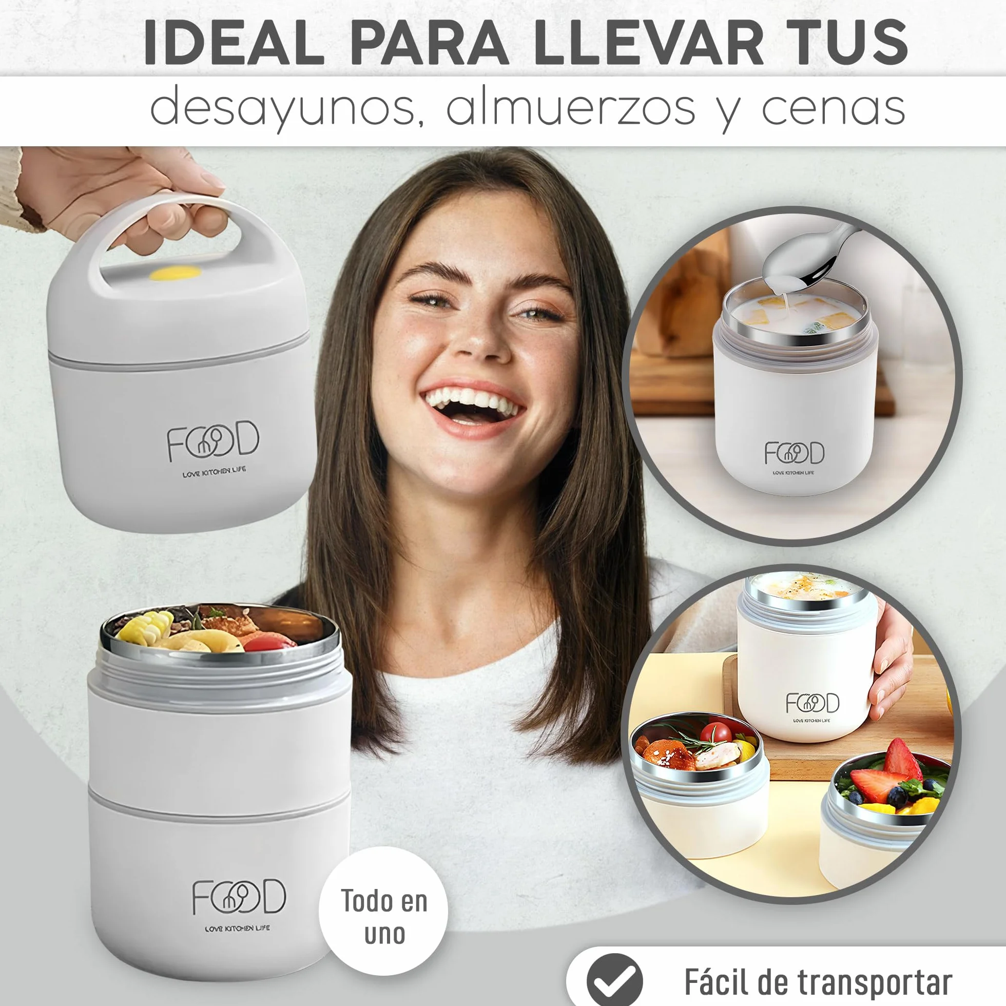 Lonchera semi termo para dos comida (660 ml) (blanca). Recipiente semi térmico adecuada para llevar comidas sin BPA con bolsa aislante de transporte para la comida del niño o adulto.