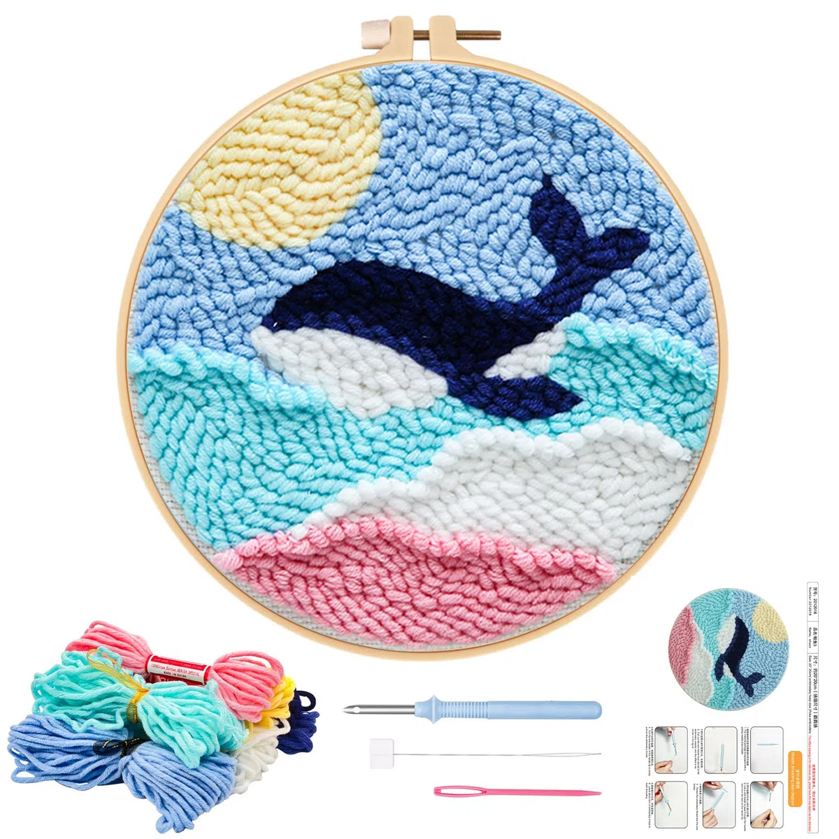 JSRQT Kit para Principiantes para Bordar Ballena Kit Aguja Perforadora Punch Needle Kit Bricolaje Kit de Bordado con Aguja Perforada para Adultos Principiantes Herramienta de Punto de Cruz con Aro
