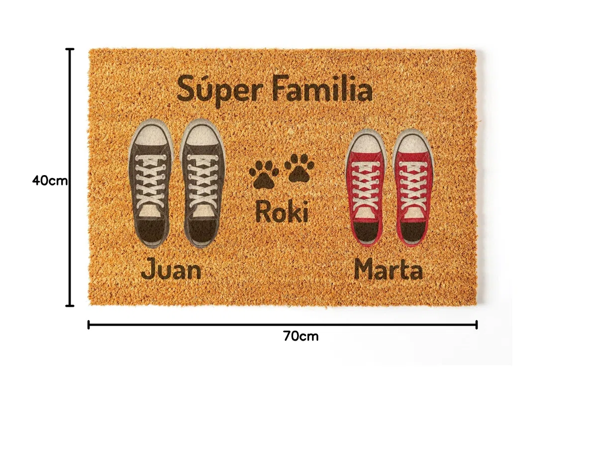 Felpudo Personalizado para la Entrada a Casa | Personaliza tu Felpudo con tu Familia y Mascotas | 70 x 40 cm | Felpudos Originales y Divertidos en 100% Fibra de Coco | Pareja + Perro