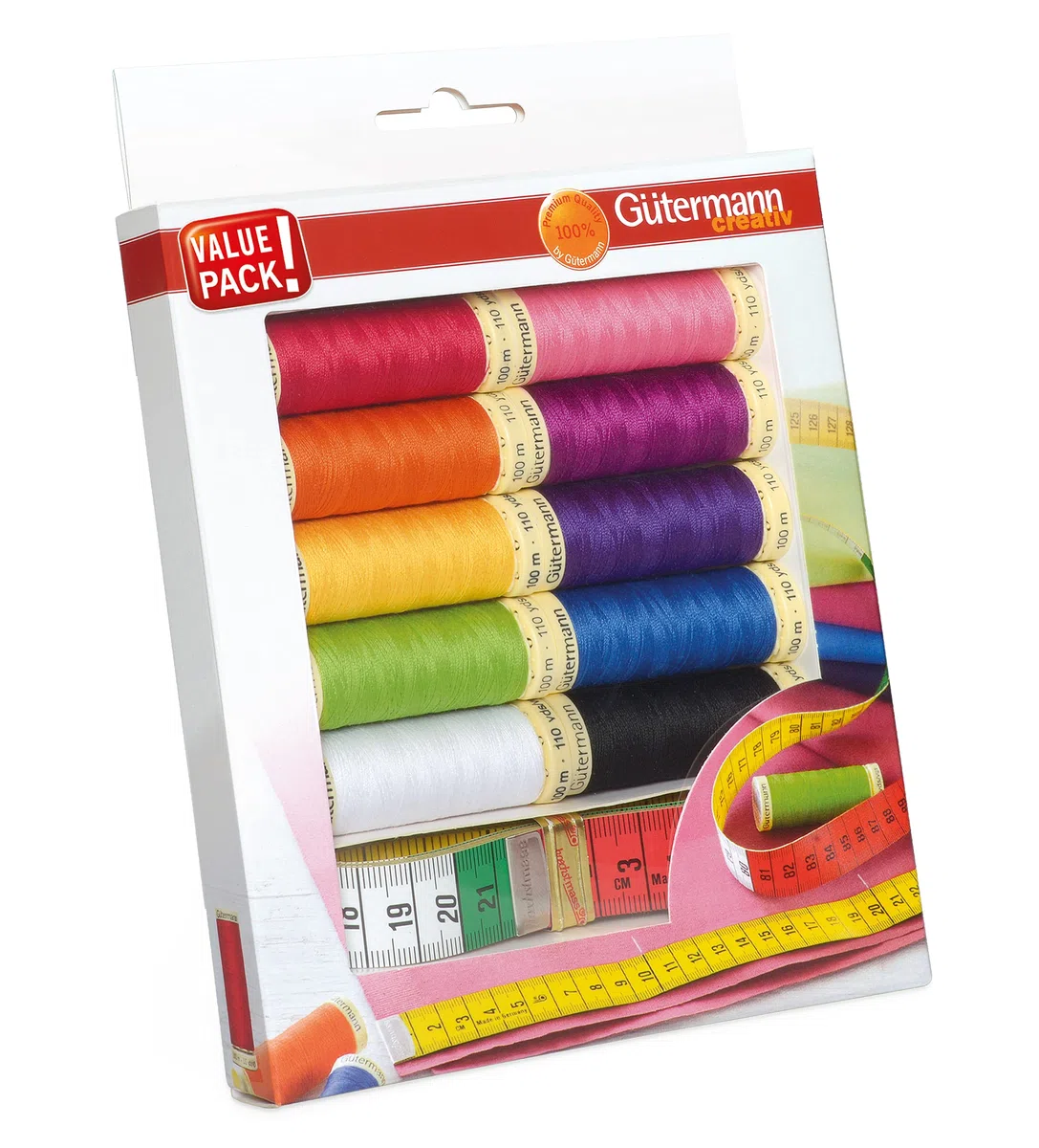 Gütermann creativ Set hilo de coser con 10 bobinas de Coselotodo de 100 m en tonos vivos + una cinta métrica de sastre