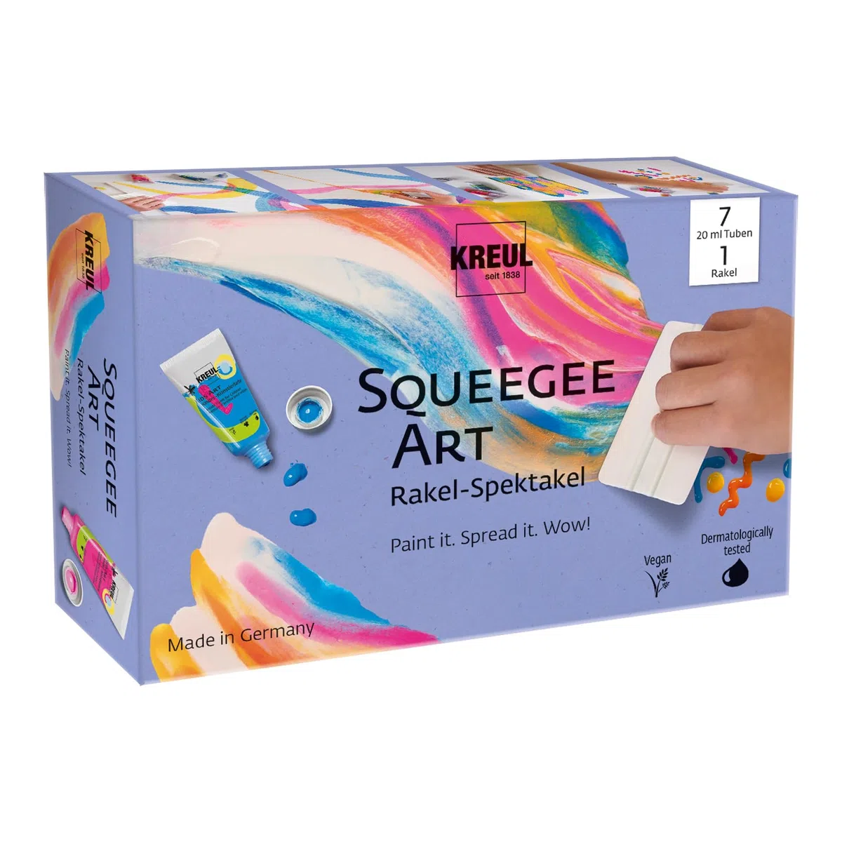 KREUL 43362 - Squeegee Art - Set de pintura con 7 x 20 ml de pinturas artísticas para niños Kids Art + rasqueta, set de manualidades para niños a partir de 6 años