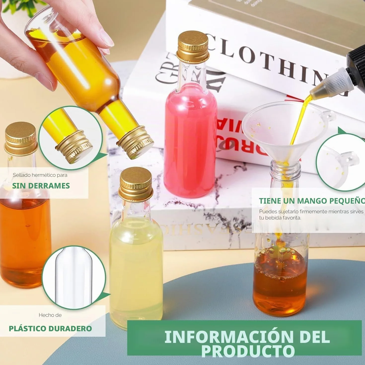 Mini Botellas Licor 50 ML con Tapón Rosca Negro 2 Embudos 24 Piezas