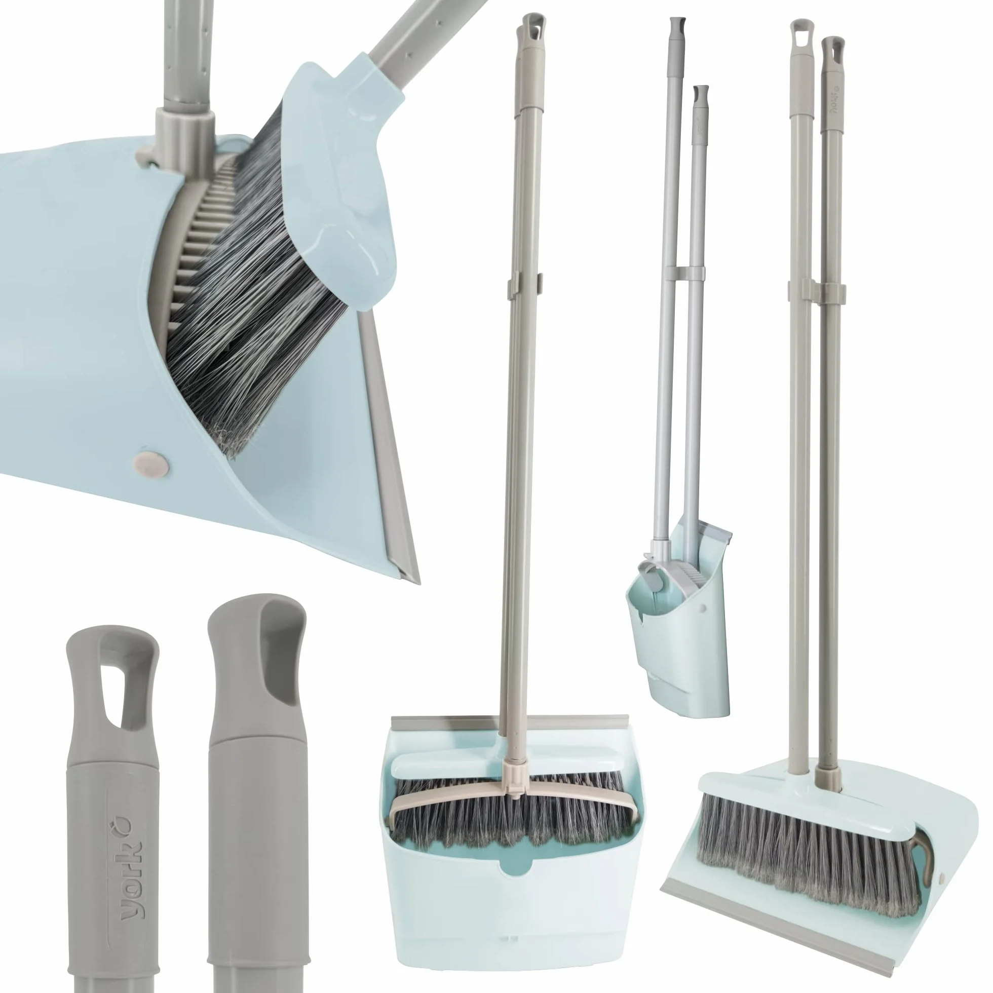 YORK Juego de Escoba y Recogedor de Mango Largo con Dientes de Peine para Limpieza de Suelos Set de Barrido Ergonómico Plegable para Interior y Exterior Kit de Limpieza de Suelos Verde Menta
