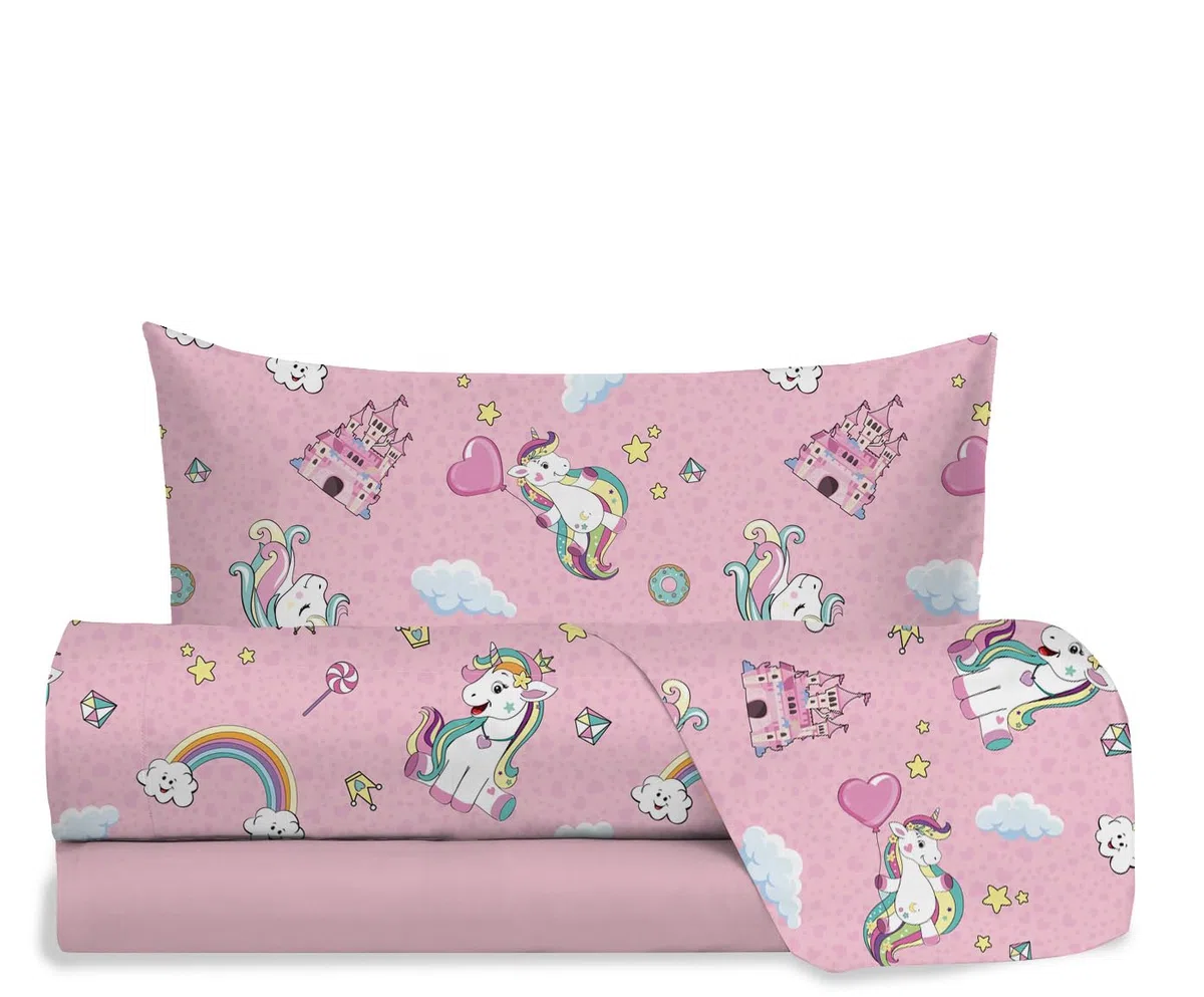 hermet Jolly - Juego de sábanas para Cama Individual con diseño de Unicornio, 100% algodón, sábana encimera + sábana Bajera + Funda de Almohada, Color Rosa
